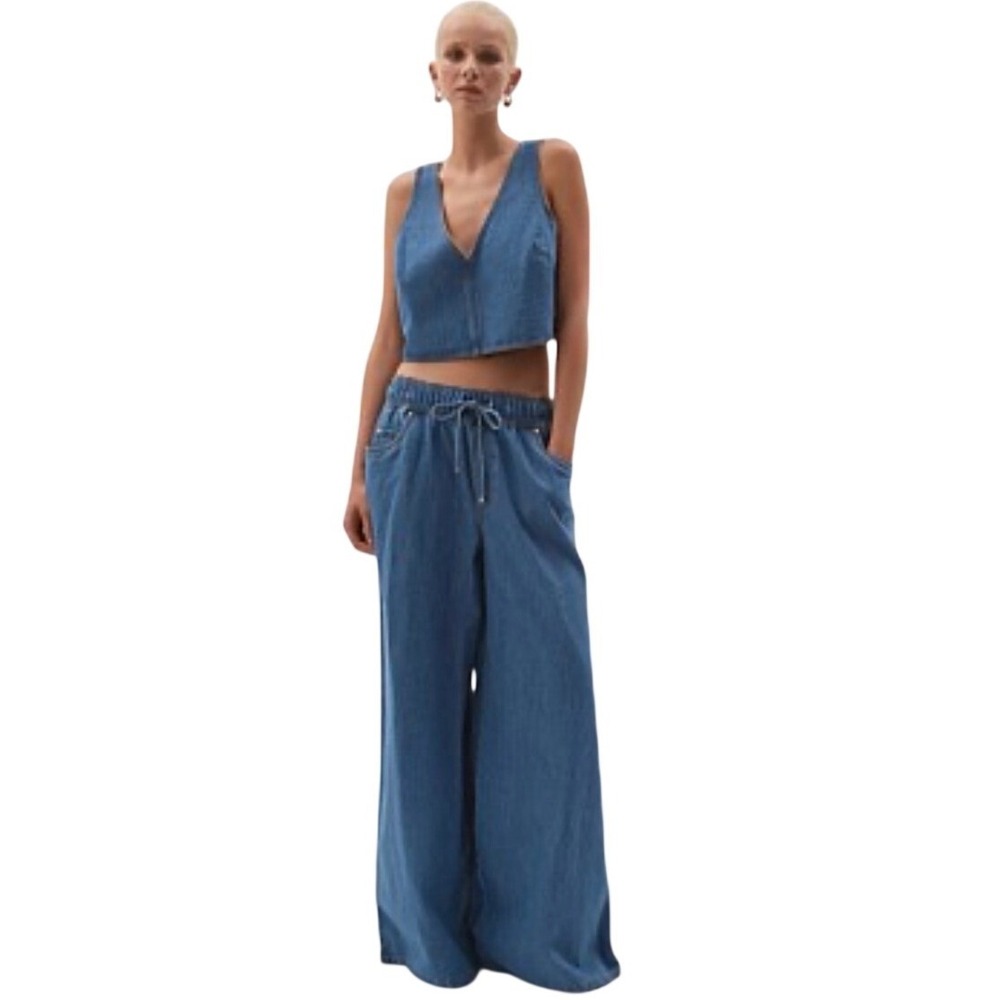 NWT Aje Studio Sunray Wide Leg Pull On Denim Jeans in Blue Wash size 4US  8AU